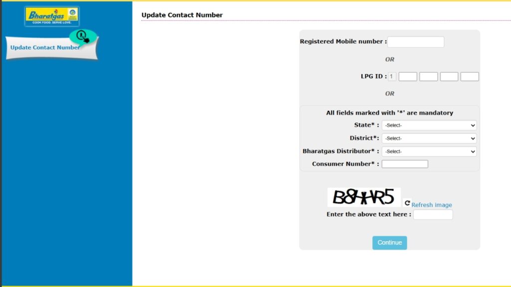 E Bharat Gas Mobile Number Change from Website