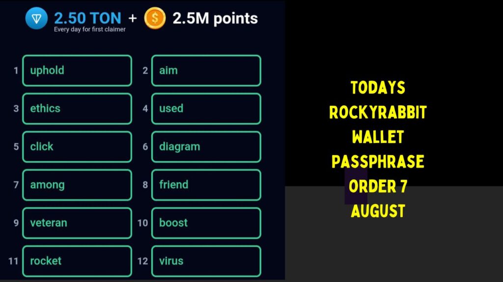 Todays Rockyrabbit Wallet Passphrase order 7 August